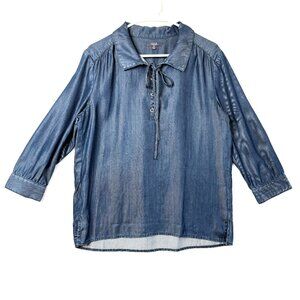 NYDJ Chambray Lyocell Lace Up Peasant Blouse Top Shirt Womens XS Blue